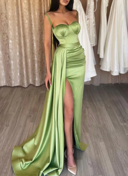 Luxe Sage Green Spaghetti-Strap Sweetheart Corset Bodice High-Slit Trumpet Train Evening Dress