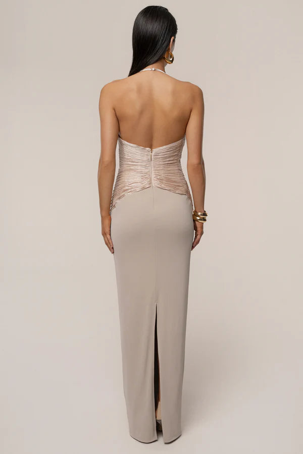 Luxe Taupe Halter Maxi Dress with Pleated Satin Bodice, Evening Dresses