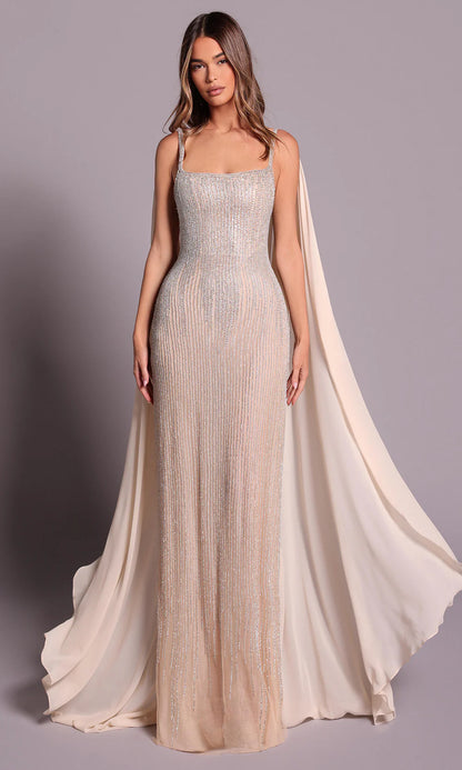 Luxurious Champagne Beaded Satin Square Neck Capelet Open Back Fitted Evening Dress