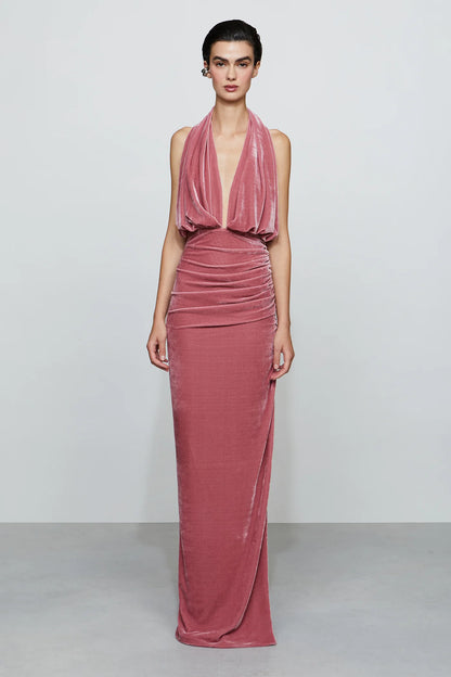Luxurious Dusty Rose Velvet Halter Neck Draped Plunge V-Neck Ruched Floor-Length Evening Dress