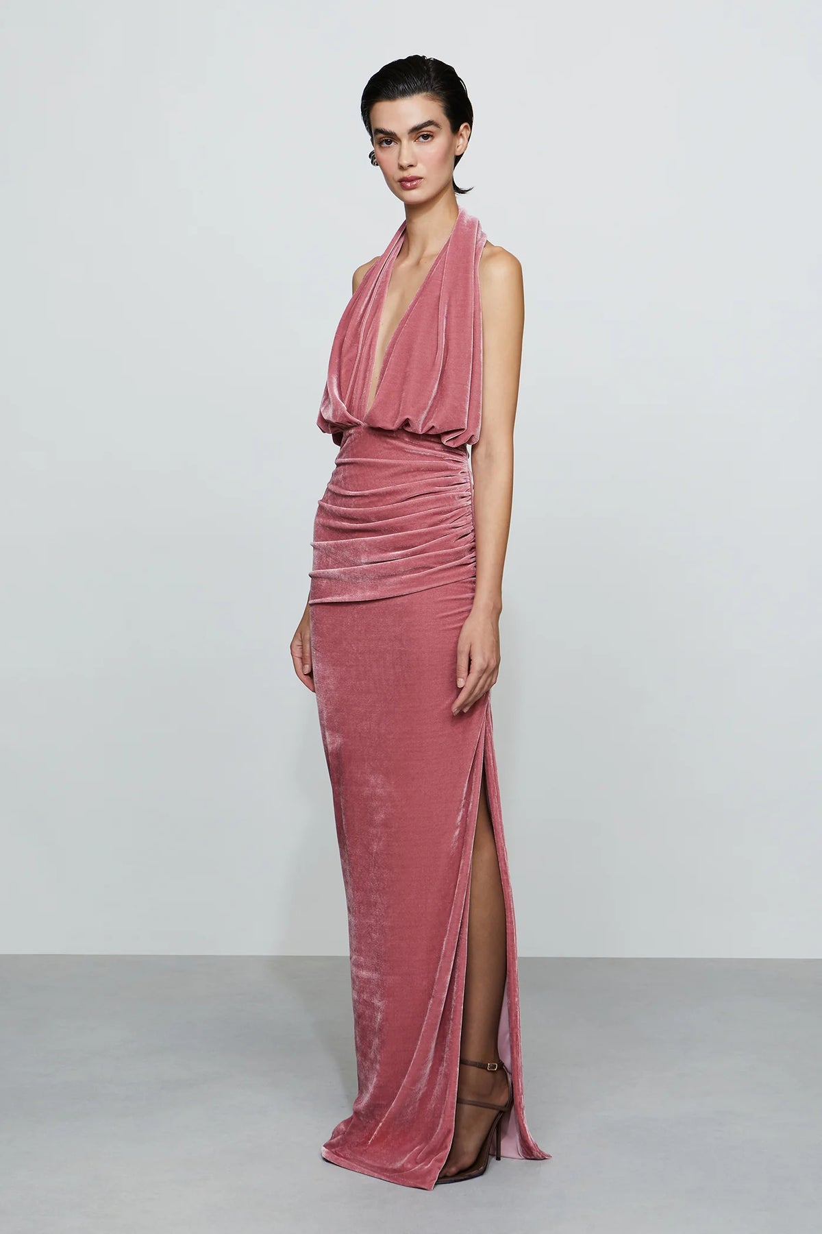 Luxurious Dusty Rose Velvet Halter Neck Draped Plunge V-Neck Ruched Floor-Length Evening Dress