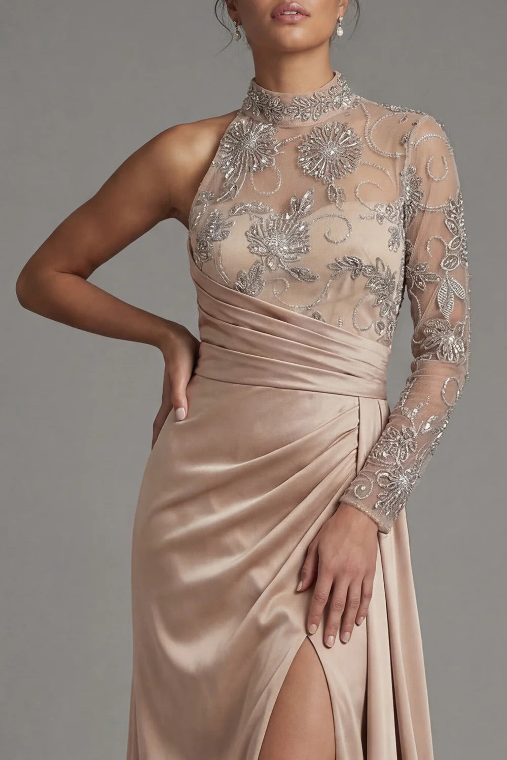 Luxurious High Neck One Shoulder Beaded Embellished Satin Gown with Sheer Sleeve, Ruched Waist, Side Slit and Open Back Prom Dress