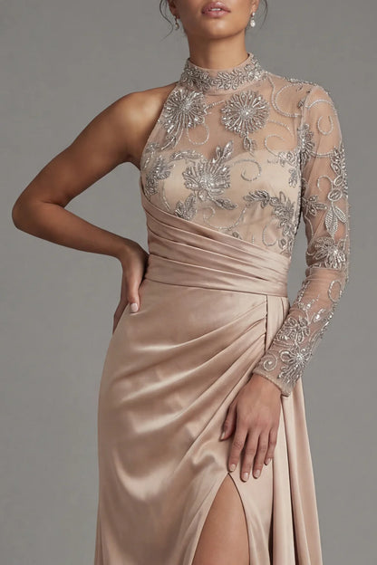 Luxurious High Neck One Shoulder Beaded Embellished Satin Gown with Sheer Sleeve, Ruched Waist, Side Slit and Open Back Prom Dress