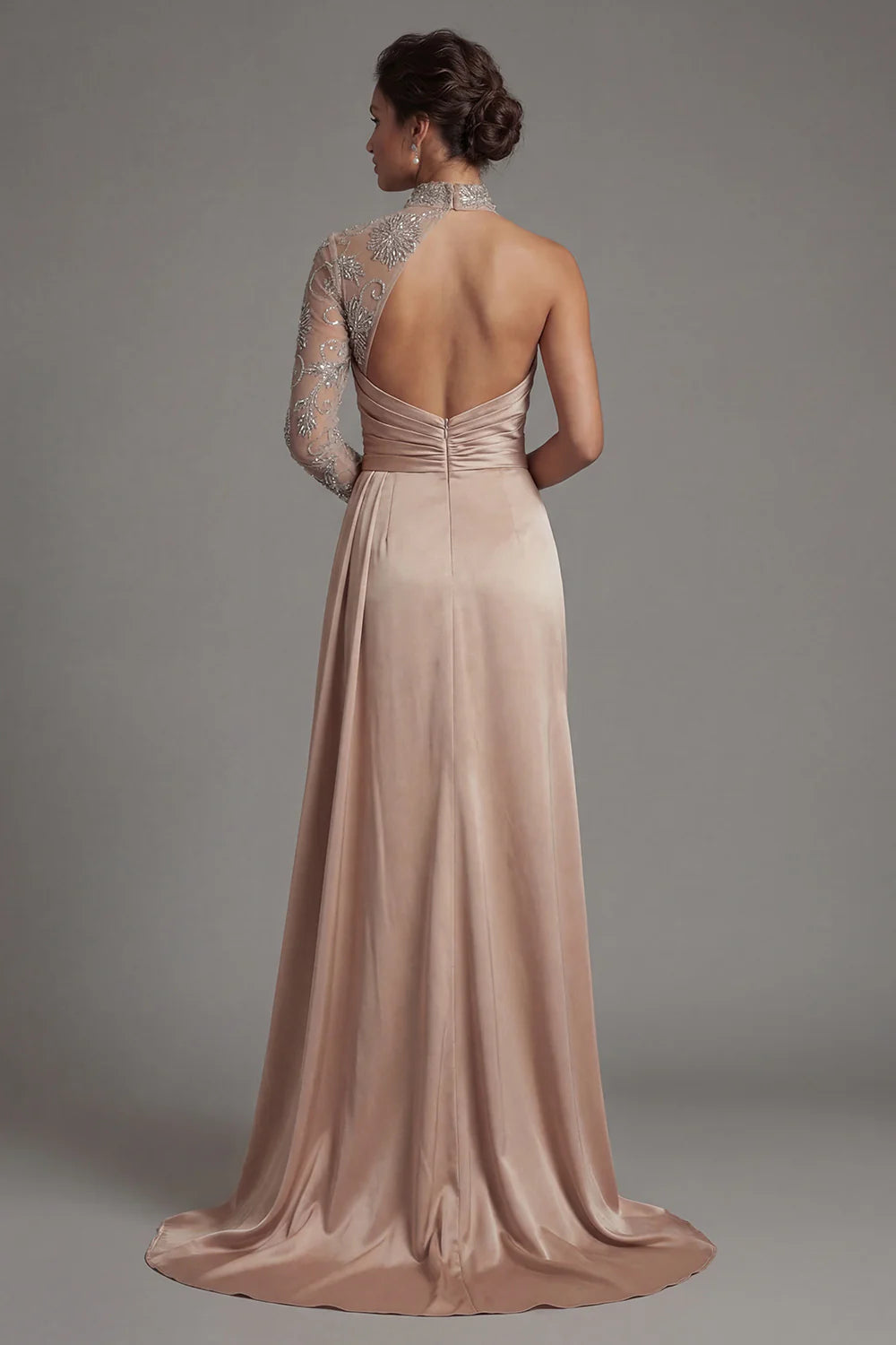 Luxurious High Neck One Shoulder Beaded Embellished Satin Gown with Sheer Sleeve, Ruched Waist, Side Slit and Open Back Prom Dress