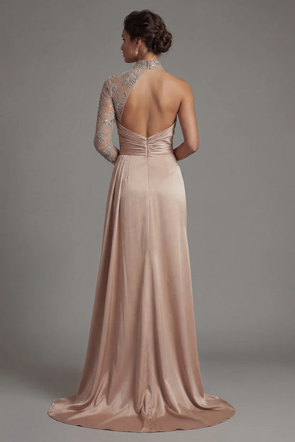 Luxurious High Neck One Shoulder Beaded Embellished Satin Gown with Sheer Sleeve, Ruched Waist, Side Slit and Open Back Prom Dress