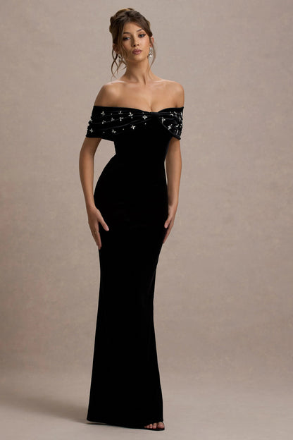 Luxurious Off-the-Shoulder Velvet Crystal-Embellished Evening Dresses