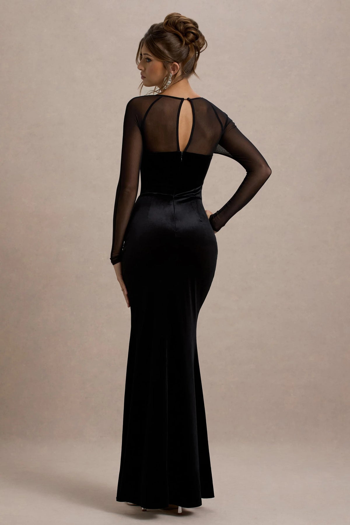 Luxurious Velvet Sheer-Sleeve Crystal-Trim Evening Dresses