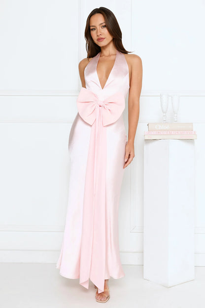 Luxury Blush Prom Dresses with Satin Fabric Halter Deep V Neck and Front Bow Detail