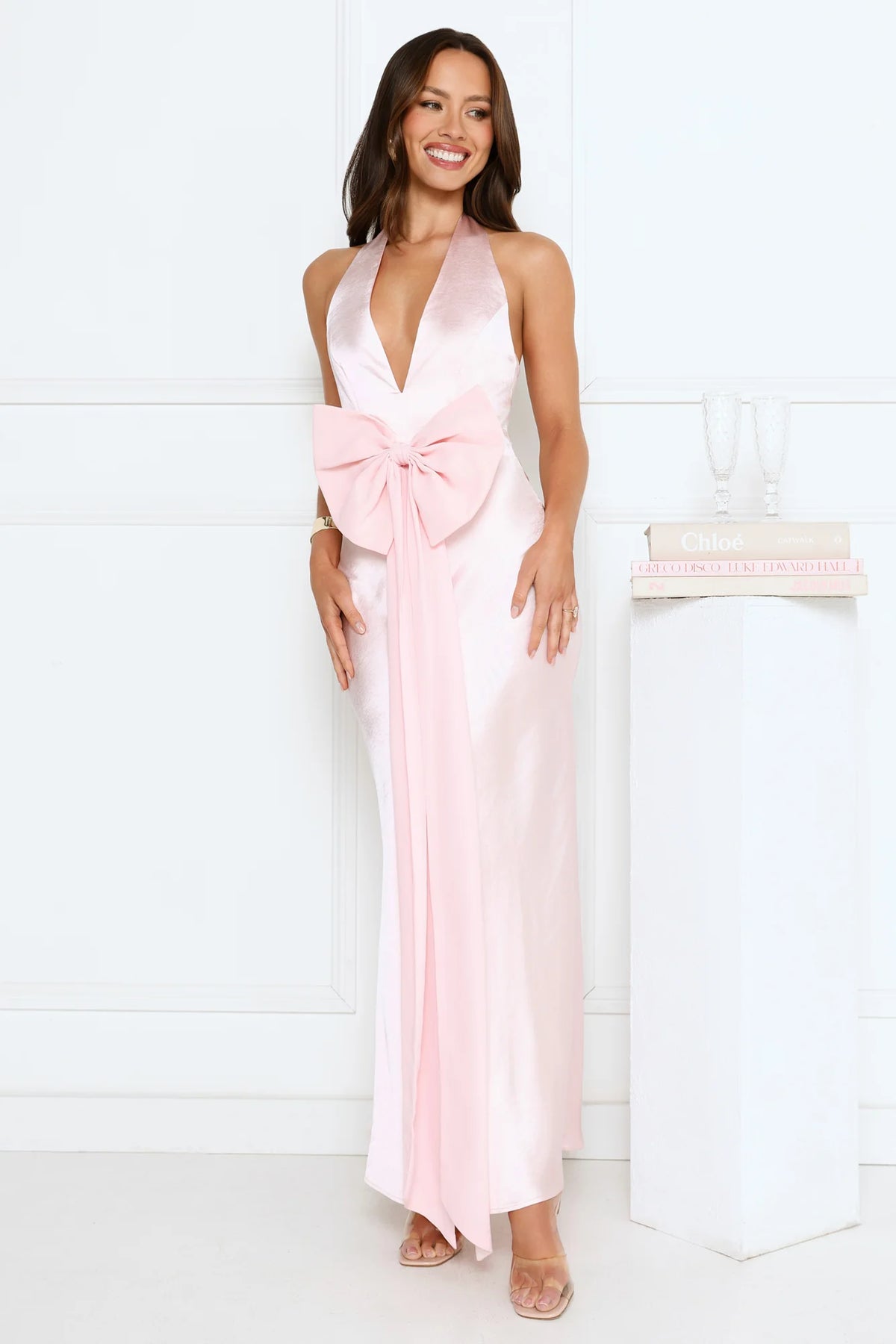 Luxury Blush Prom Dresses with Satin Fabric Halter Deep V Neck and Front Bow Detail