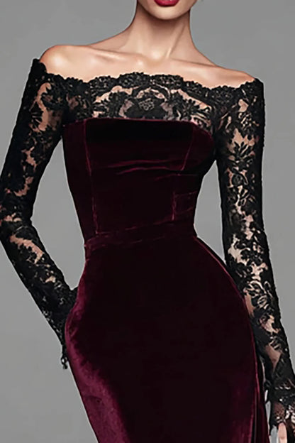 Luxury Burgundy Velvet Off-Shoulder Black Lace Long-Sleeve Mermaid Evening Dress