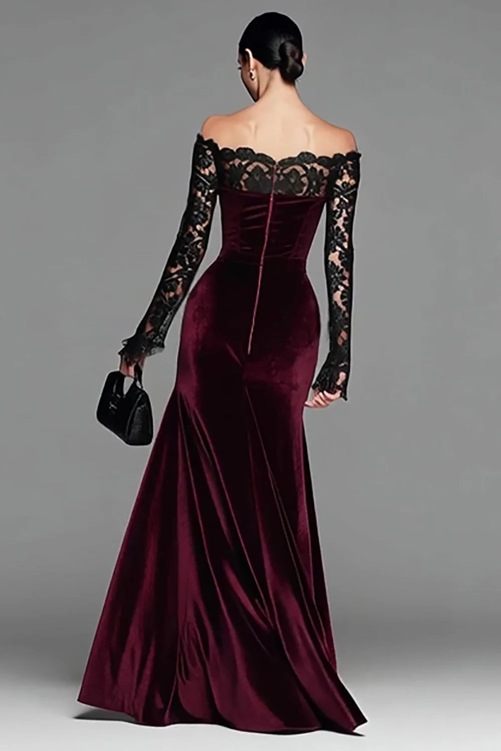 Luxury Burgundy Velvet Off-Shoulder Black Lace Long-Sleeve Mermaid Evening Dress