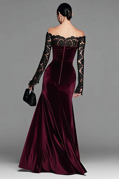 Luxury Burgundy Velvet Off-Shoulder Black Lace Long-Sleeve Mermaid Evening Dress
