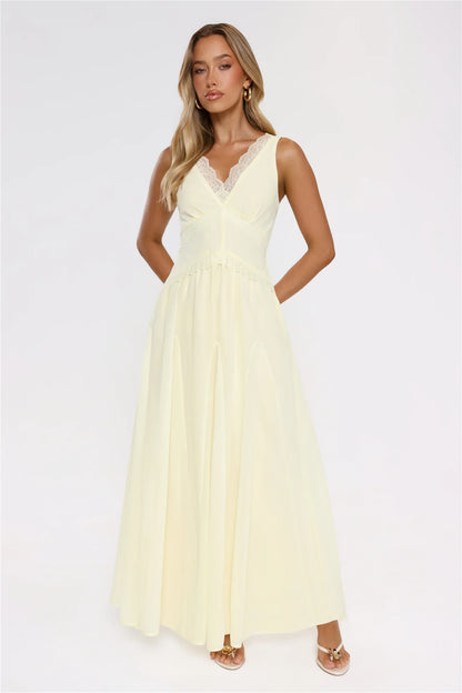 Luxury Lemon Yellow Prom Dresses with Chiffon Fabric Lace Trim and Lace-Up Back