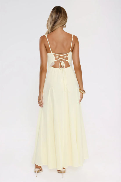 Luxury Lemon Yellow Prom Dresses with Chiffon Fabric Lace Trim and Lace-Up Back