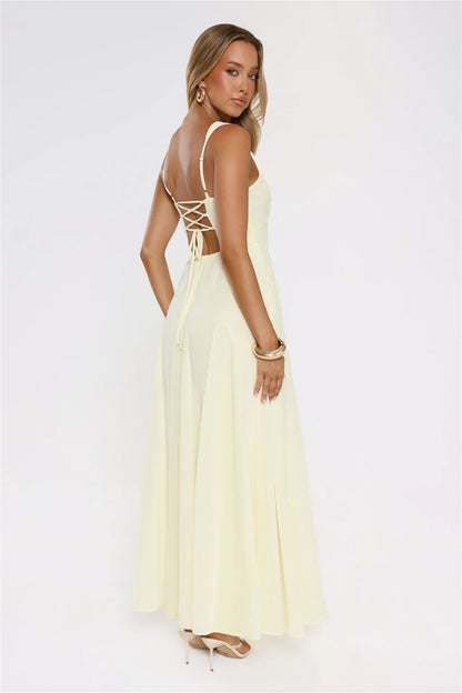 Luxury Lemon Yellow Prom Dresses with Chiffon Fabric Lace Trim and Lace-Up Back