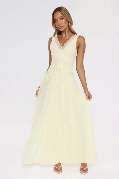 Luxury Lemon Yellow Prom Dresses with Chiffon Fabric Lace Trim and Lace-Up Back