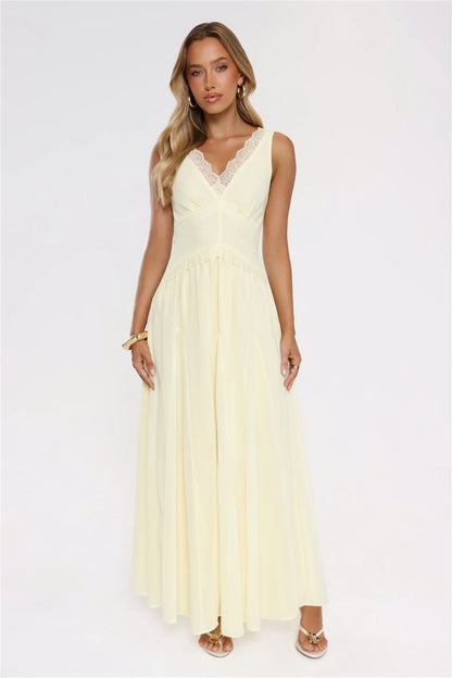 Luxury Lemon Yellow Prom Dresses with Chiffon Fabric Lace Trim and Lace-Up Back