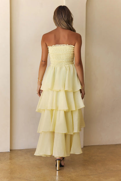 Luxury Lemon Yellow Prom Dresses with Tiered Ruffle Skirt and Strapless Smocked Bodice