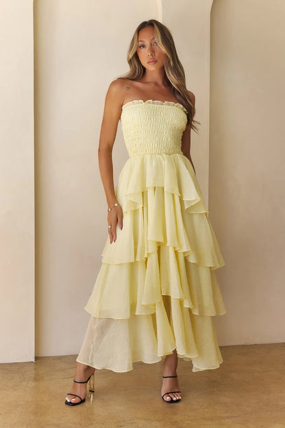 Luxury Lemon Yellow Prom Dresses with Tiered Ruffle Skirt and Strapless Smocked Bodice