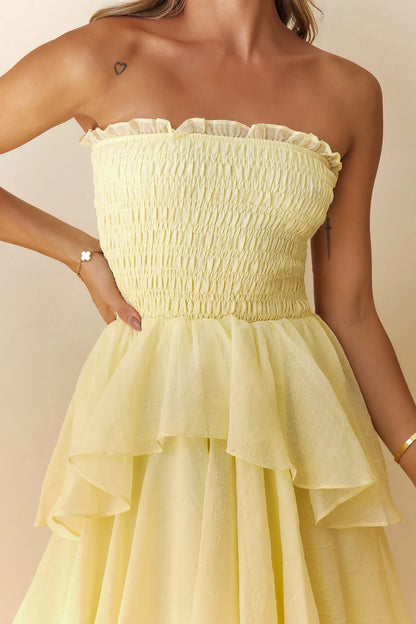 Luxury Lemon Yellow Prom Dresses with Tiered Ruffle Skirt and Strapless Smocked Bodice