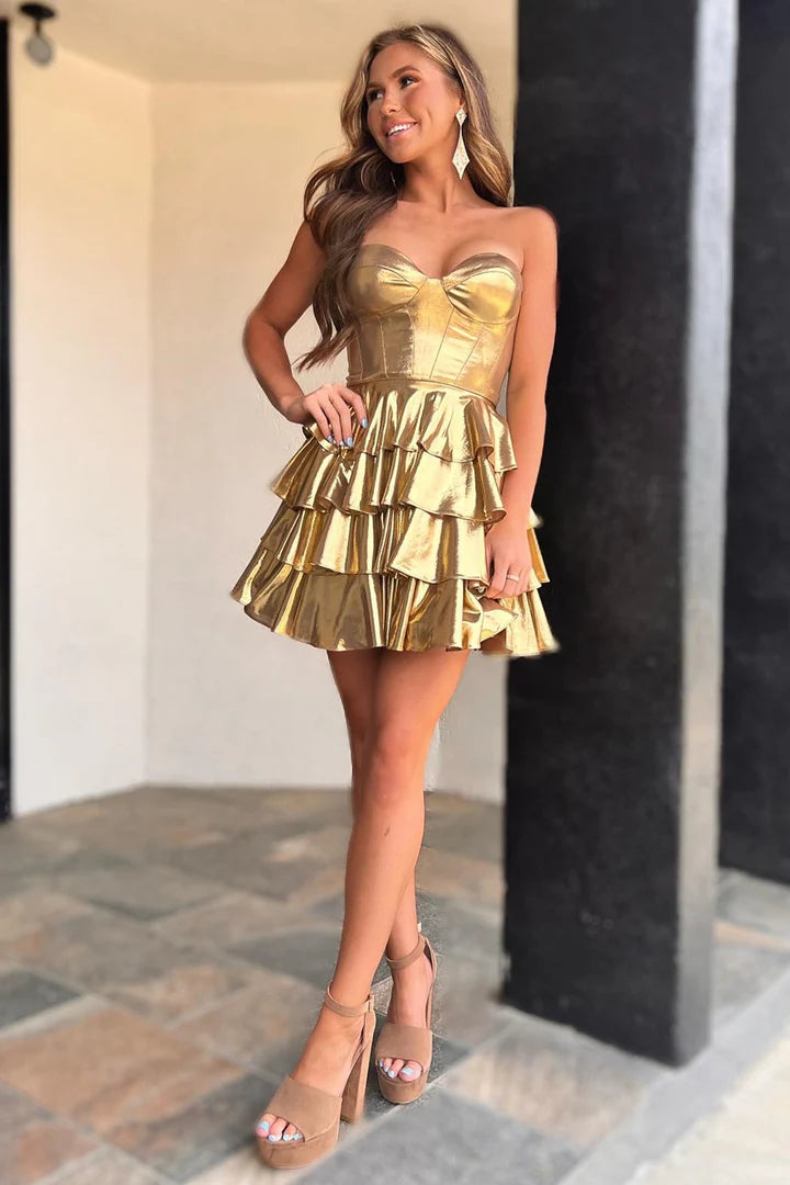 Strapless  Metallic A-Line Ruffle Homecoming Dress