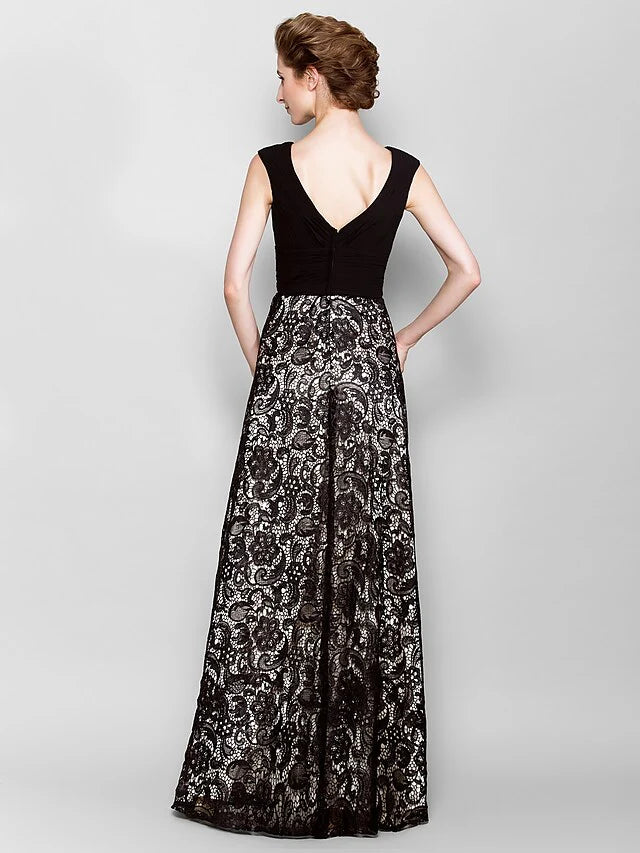 Mother of the Bride Dress Vintage Inspired V Neck Floor Length Lace Georgette Sleeveless with Criss Cross