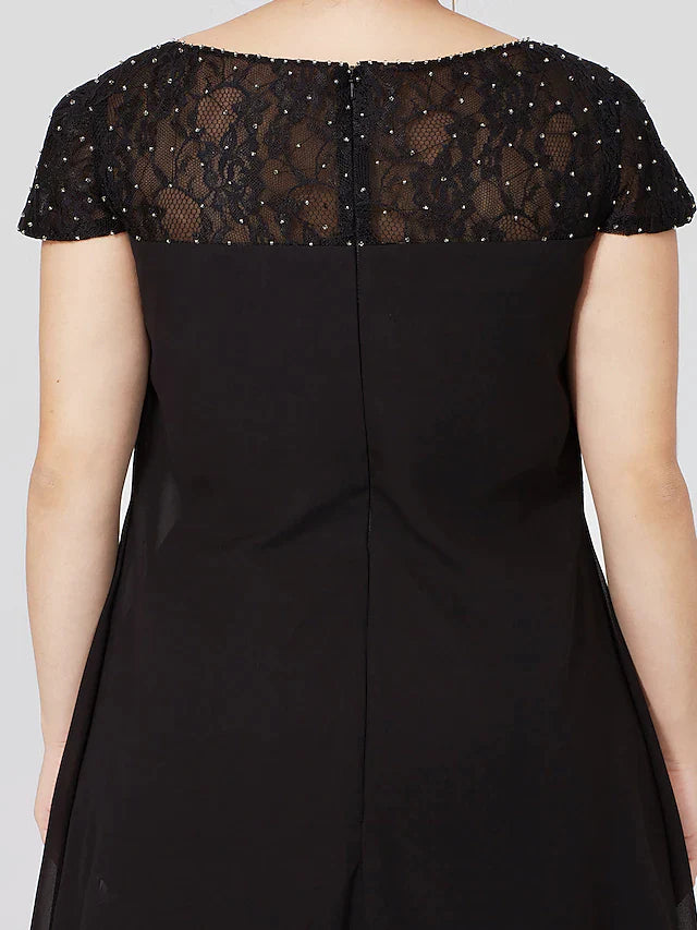 Mother of the Bride Dress Little Black Dress Plus Size See Through Jewel Neck Knee Length Chiffon Lace Short Sleeve with Pleats Beading Lace Insert