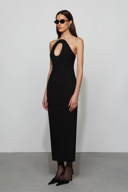 Modern Black Halter Neck Cut-Out Detail Bodycon Midi Evening Dress