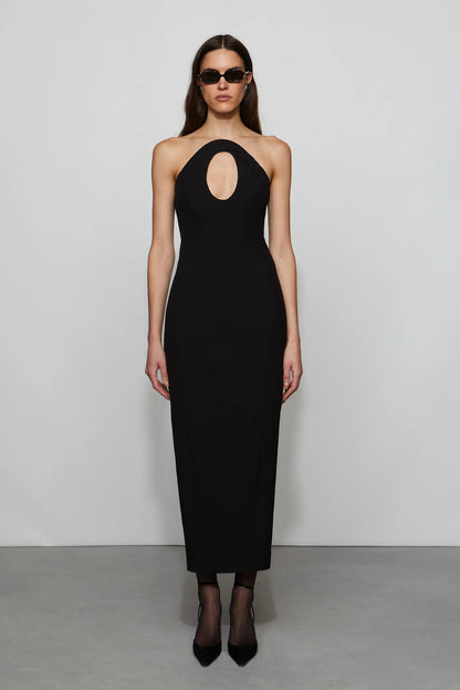 Modern Black Halter Neck Cut-Out Detail Bodycon Midi Evening Dress