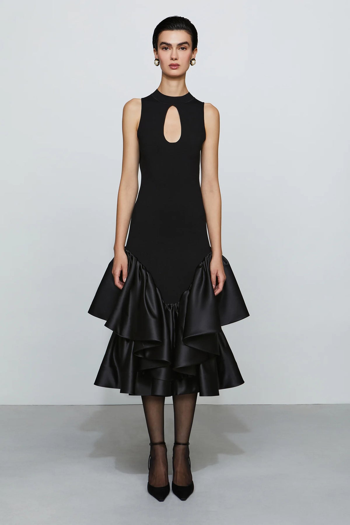 Modern Black High Neck Cut-Out Detail Sleeveless Double Ruffle Midi Evening Dress