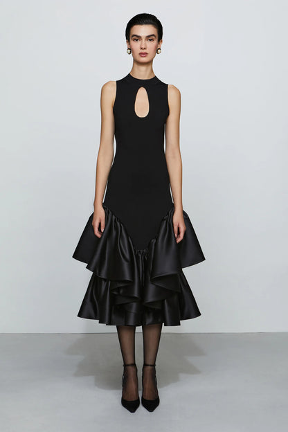 Modern Black High Neck Cut-Out Detail Sleeveless Double Ruffle Midi Evening Dress