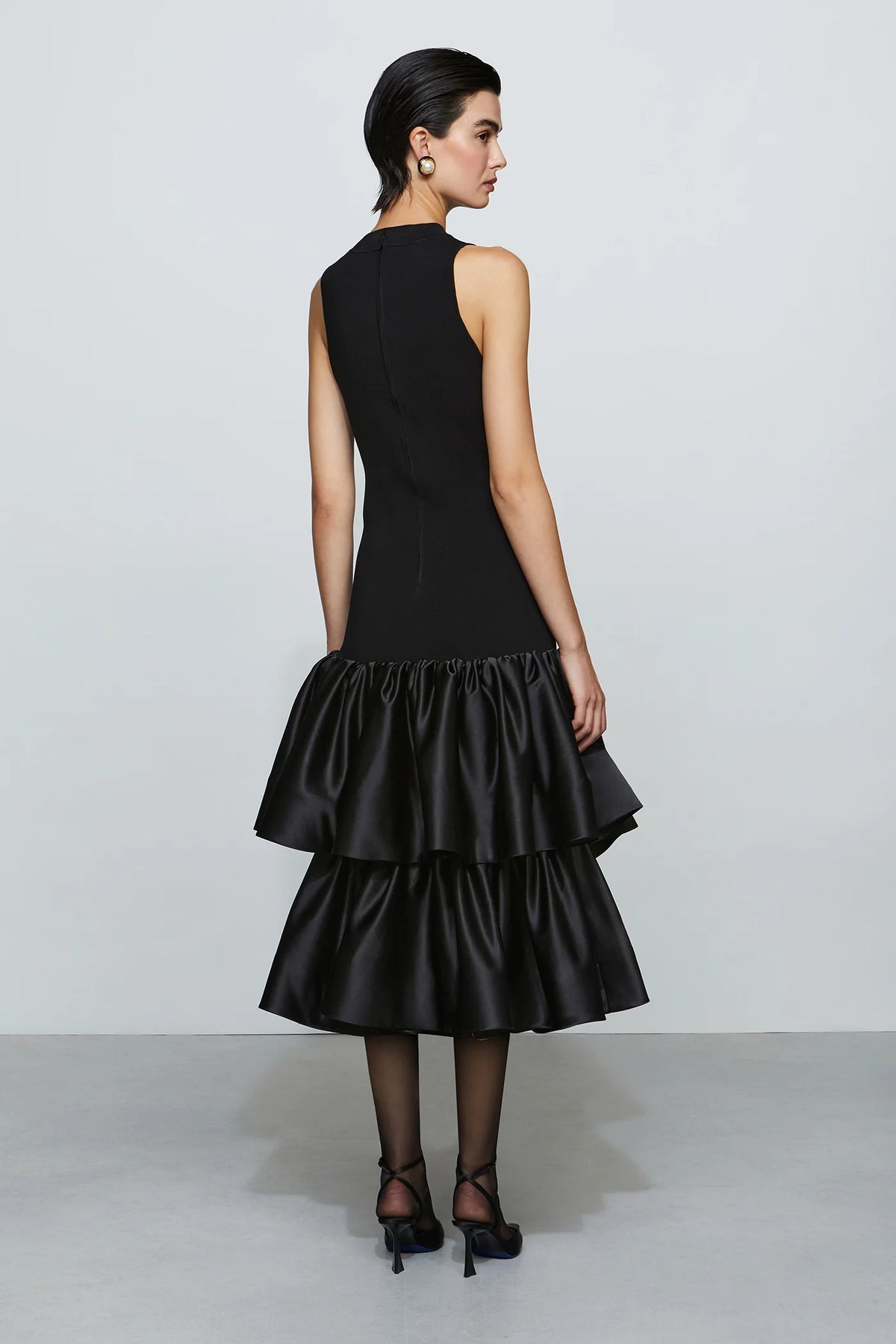 Modern Black High Neck Cut-Out Detail Sleeveless Double Ruffle Midi Evening Dress