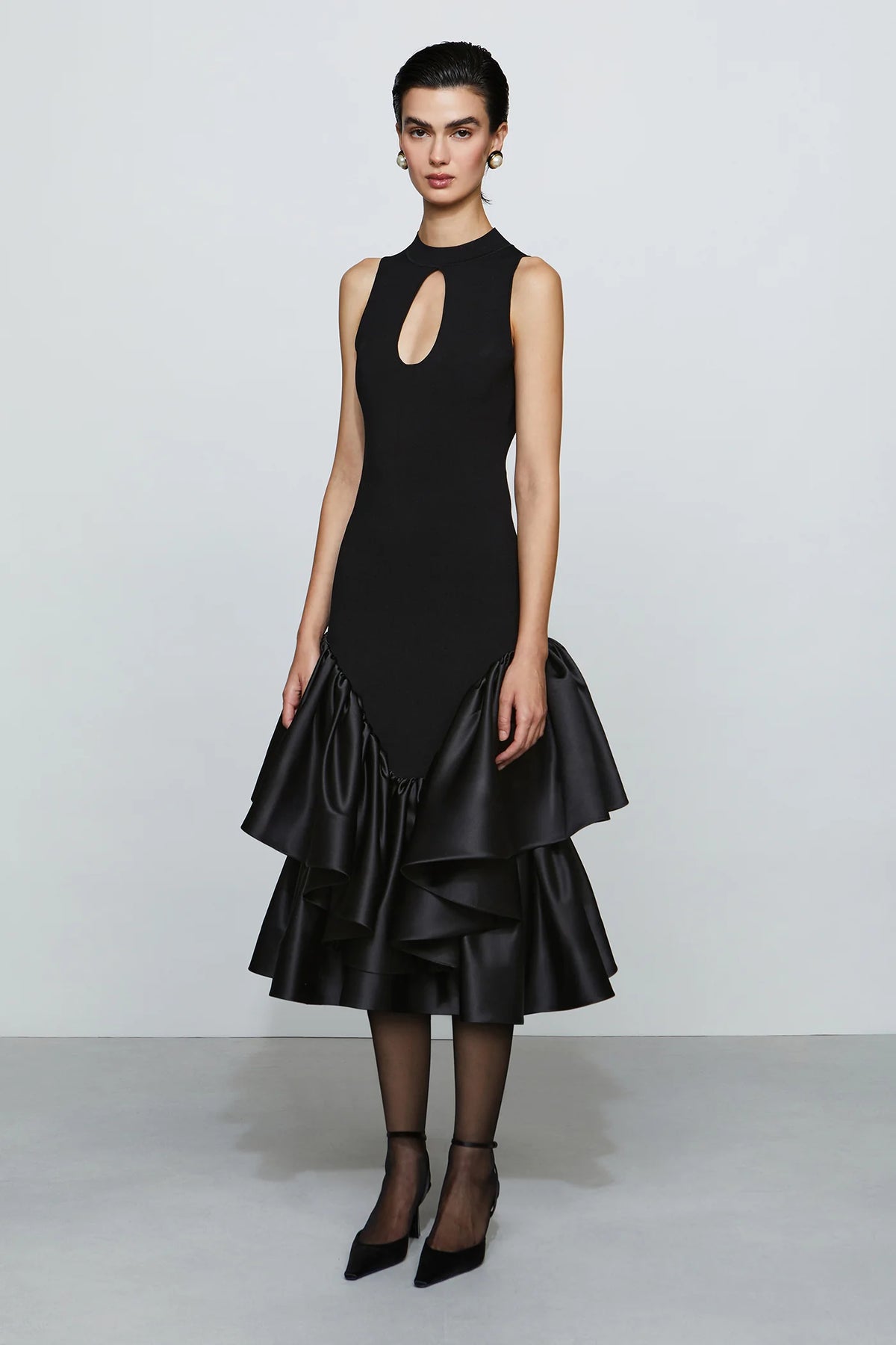 Modern Black High Neck Cut-Out Detail Sleeveless Double Ruffle Midi Evening Dress