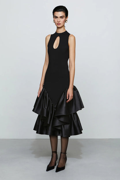 Modern Black High Neck Cut-Out Detail Sleeveless Double Ruffle Midi Evening Dress