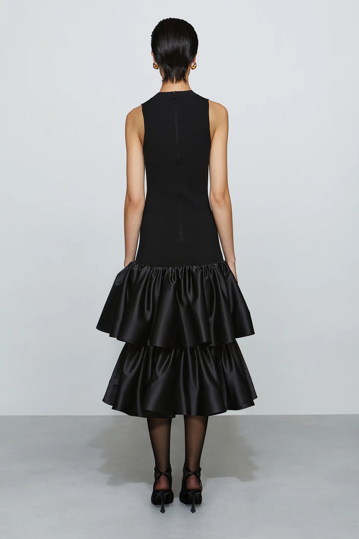 Modern Black High Neck Cut-Out Detail Sleeveless Double Ruffle Midi Evening Dress