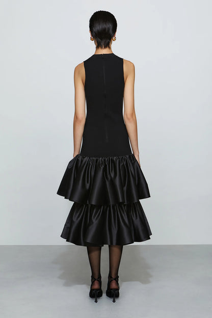 Modern Black High Neck Cut-Out Detail Sleeveless Double Ruffle Midi Evening Dress