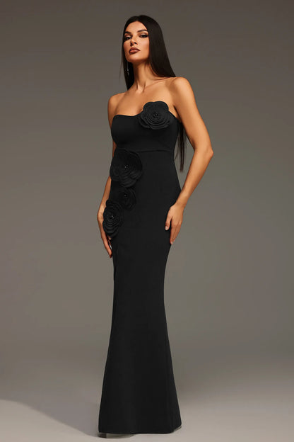 Modern Black Strapless with 3D Floral Appliqué, High Slit and Mermaid Evening Dress
