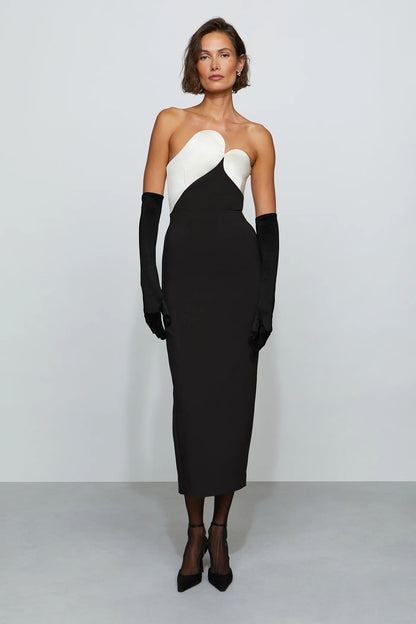Modern Black and White Color-Block Strapless Sweetheart Neck Bodycon Midi Evening Dress