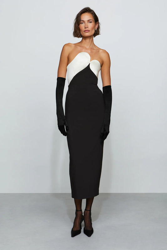 Modern Black and White Color-Block Strapless Sweetheart Neck Bodycon Midi Evening Dress