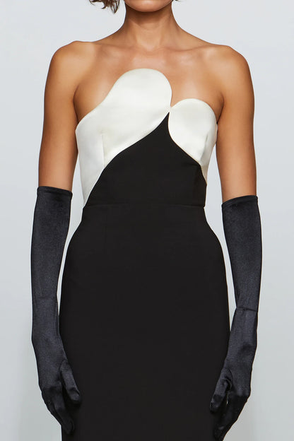 Modern Black and White Color-Block Strapless Sweetheart Neck Bodycon Midi Evening Dress