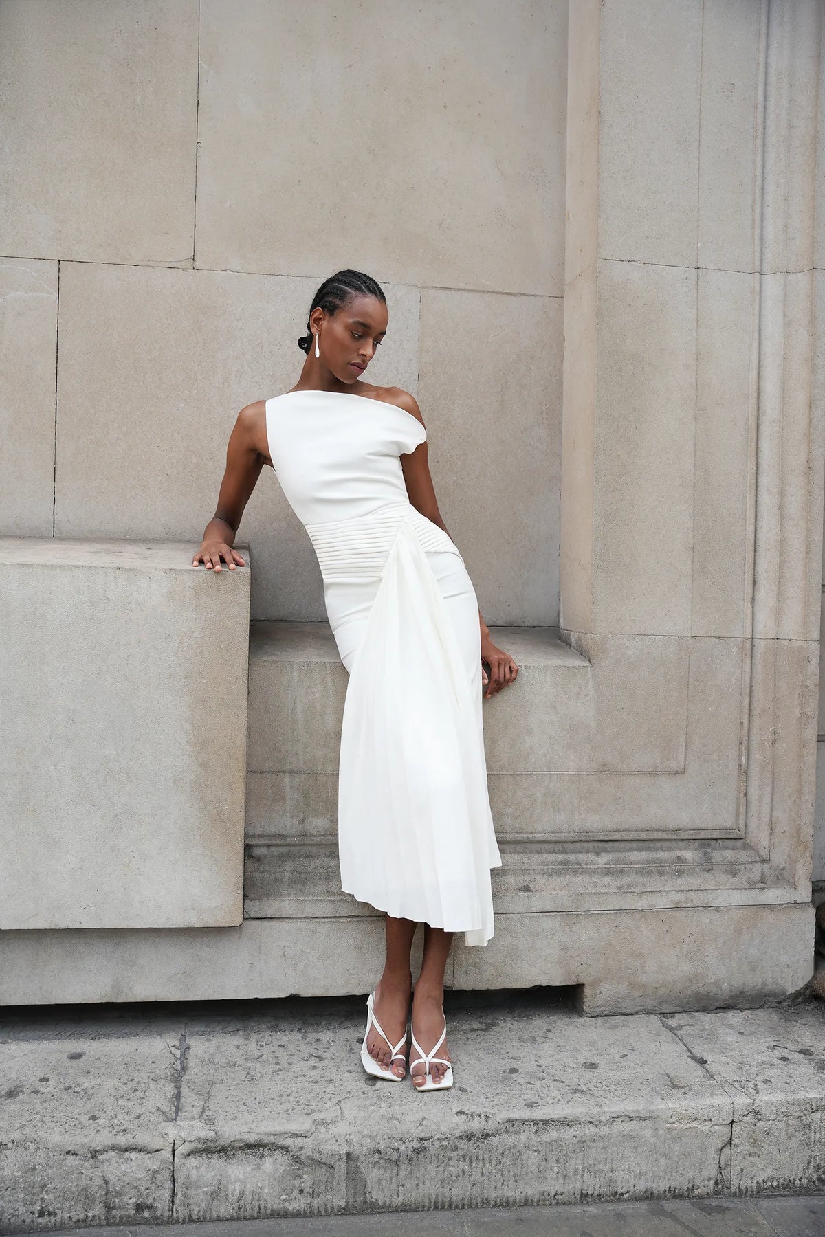 Modern Ivory Asymmetric One-Shoulder Midi Gown with Draped Detail: Evening Dresses