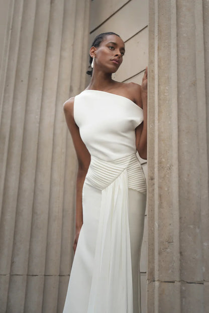 Modern Ivory Asymmetric One-Shoulder Midi Gown with Draped Detail: Evening Dresses