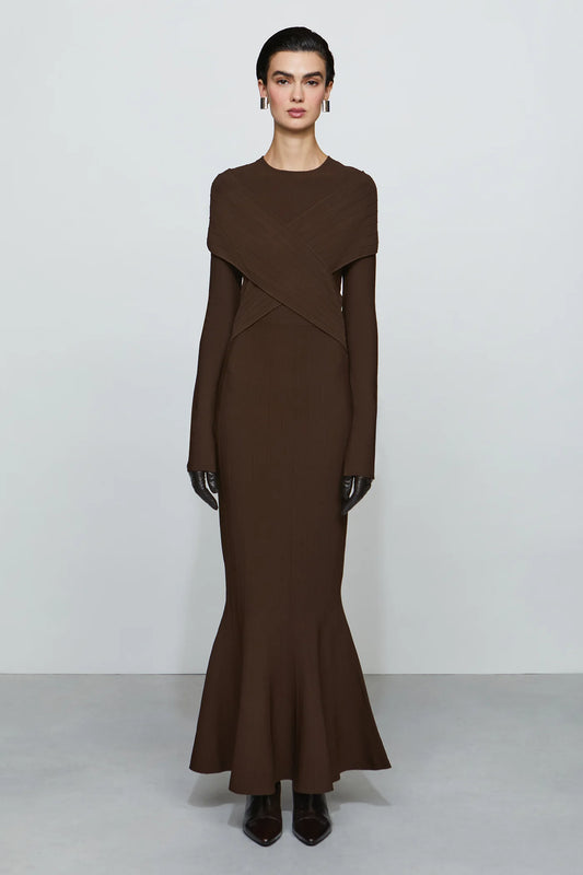 Modern Mocha Brown Ribbed Knit Crew Neck Cross-Over Detail Long Sleeve Mermaid Hem Floor-Length Evening Dress