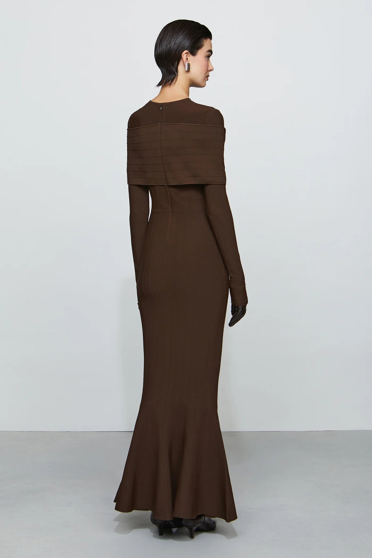 Modern Mocha Brown Ribbed Knit Crew Neck Cross-Over Detail Long Sleeve Mermaid Hem Floor-Length Evening Dress