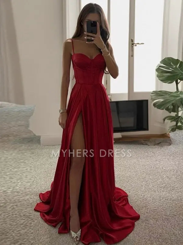 My Hers Ladies Formal Dress A-line Sweetheart Spaghetti Straps Ruffles Side Fork Sweep Train Elegant Prom Dress