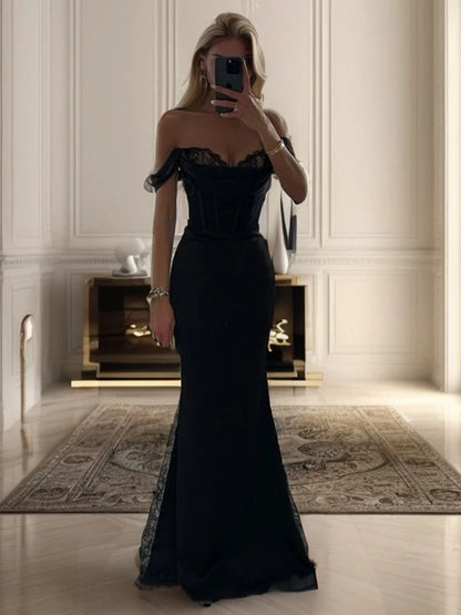 My Hers Ladies Formal Dress Mermaid Sheath Off-the-Shoulder Sweetheart Pleated Floor-Length Fashion Prom Dress