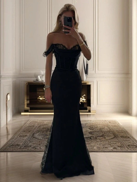 My Hers Ladies Formal Dress Mermaid Sheath Off-the-Shoulder Sweetheart Pleated Floor-Length Fashion Prom Dress
