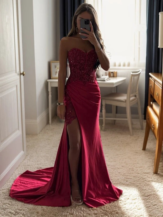 My Hers Ladies Formal Dress Sequin Mermaid Sheath Strapless Sweetheart Sleeveless Side Fork Sweep Train Dresses Sparkle Prom Dress