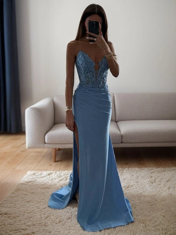 My Hers Ladies Formal Dress Sheath Sweetheart Appliques Lace Pleated Side Fork Sweep Train Exquisite Prom Dress