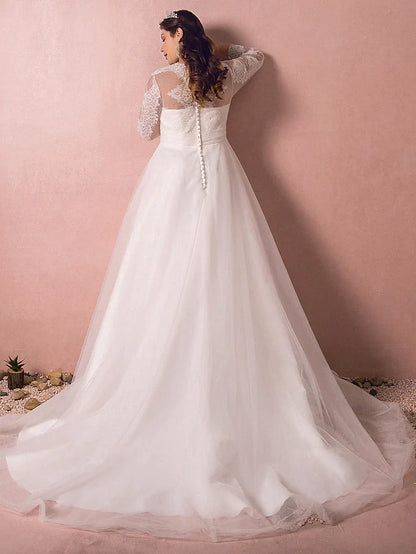 A-Line Wedding Dresses Jewel Neck Court Train Lace Long Sleeve Country Illusion Sleeve